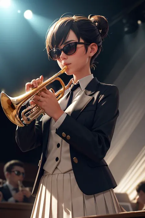 a woman in a suit and sunglasses plays a trumpet in a concert