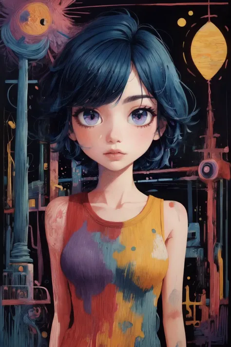 A mature female, with short hair, blue hair, and purple pupils, looking at viewer,, masterpiece,best quality,extremely detailed,fine details,official art,unity 8k wallpaper,4K,8K,UHD, surrealistic,tuyawang,abstract,doodle art,<lora:TUYA5:1>, (upper body:1.5)