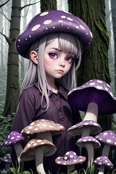 anime girl with purple mushrooms in a forest