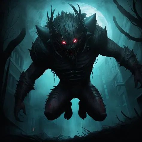 a dark and creepy creature with red eyes in a forest