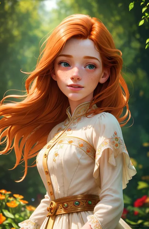 masterpiece, best quality, (colorful), cinematic lighting, extremely detailed CG unity 8k wallpaper, beautiful detailed face, an extremely delicate and beautiful, (dynamic angle:1.1),outdoors, ginger hair, photo of skinny 20yo girl, freckles, happy, soft, masterpiece, volumetric light, best quality, complimentary colors, dramatic lighting, intricate details, subsurface scattering,