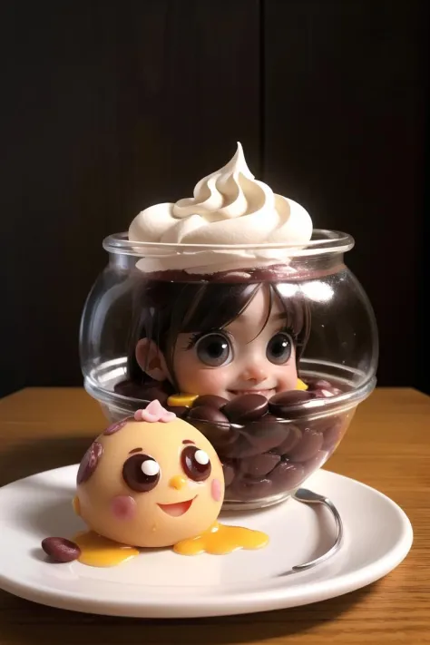 (soft azuki bean jelly in the shape of a little head and cubic agar sitting on a plate:1.2), smile, kawaii, a surrealist sculptu...