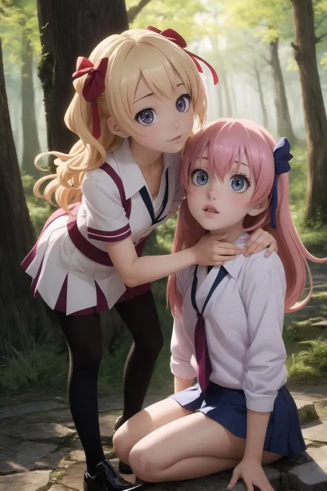 masterpiece, best quality, masterpiece, highres, extremely detailed wallpaper, looking at viewer, (ryza:1.2), (2girls, yuri, Lesbian), stone road, girl in forest look at castle ruins, pink blonde hair, orgasm, blush, blue_eyes, (shiny skin: 1.1),flat chest, high heels, (ikkitousen:1.4), (pripara:0.9), (precure:0.9), (aikatsu!:0.9), (idolmaster:0.9), (yuruyuri:1.2), (anime:1.5), game CG, offical art, (side lighting,perfect lighting,light leak), illustration,dynamic angle and lighting,(realistic:1.2),(8k wallpaper:1.2),