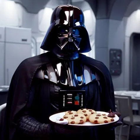 Darth_vader holding a plate of chocolate chip cookies <lora:darkLordVador_darkLordVador:.8><lora:epiNoiseoffset_v2:1.0>