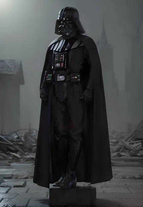 Darth_Vader, ultra realistic, , 8k cg, flawless, night, foggy weather, masterpiece, professional artwork, famous artwork, dark lighting, cinematic bloom, puffy cheeks , enchanting, looking at viewer, solo, walking on sidewalk, post apocalyptic city with ruined buildings, (full body:2), <lora:Darth_Vader:1>