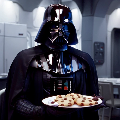 Darth_vader holding a plate of chocolate chip cookies 