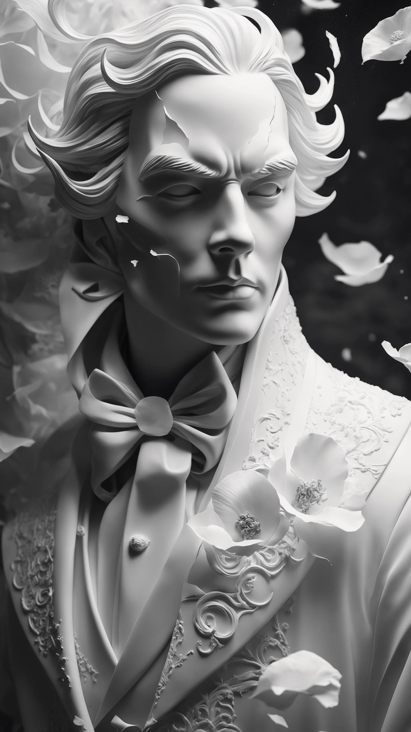 Ebenezer Scrooge, ghost of the past, ghost of the present and ghost of the future, In a surreal monochrome world, a mysterious figure in a porcelain mask stands among a swirling storm of broken mirrors and floating petals, plaster threads, papier-mch, Mika Asai macro photography, close-up, hyper detailed, artstation trend, sharp focus, studio photography, intricate detail, high detail, artstation trends, sharp focus, studio photography, intricate details, high detail, inspiration, authors: Jim Mahfood, Henry Asensio, Greg Rutkowski, Craig Davison, Jenny Saville, Bernie Wrightson, Frank Frazetta