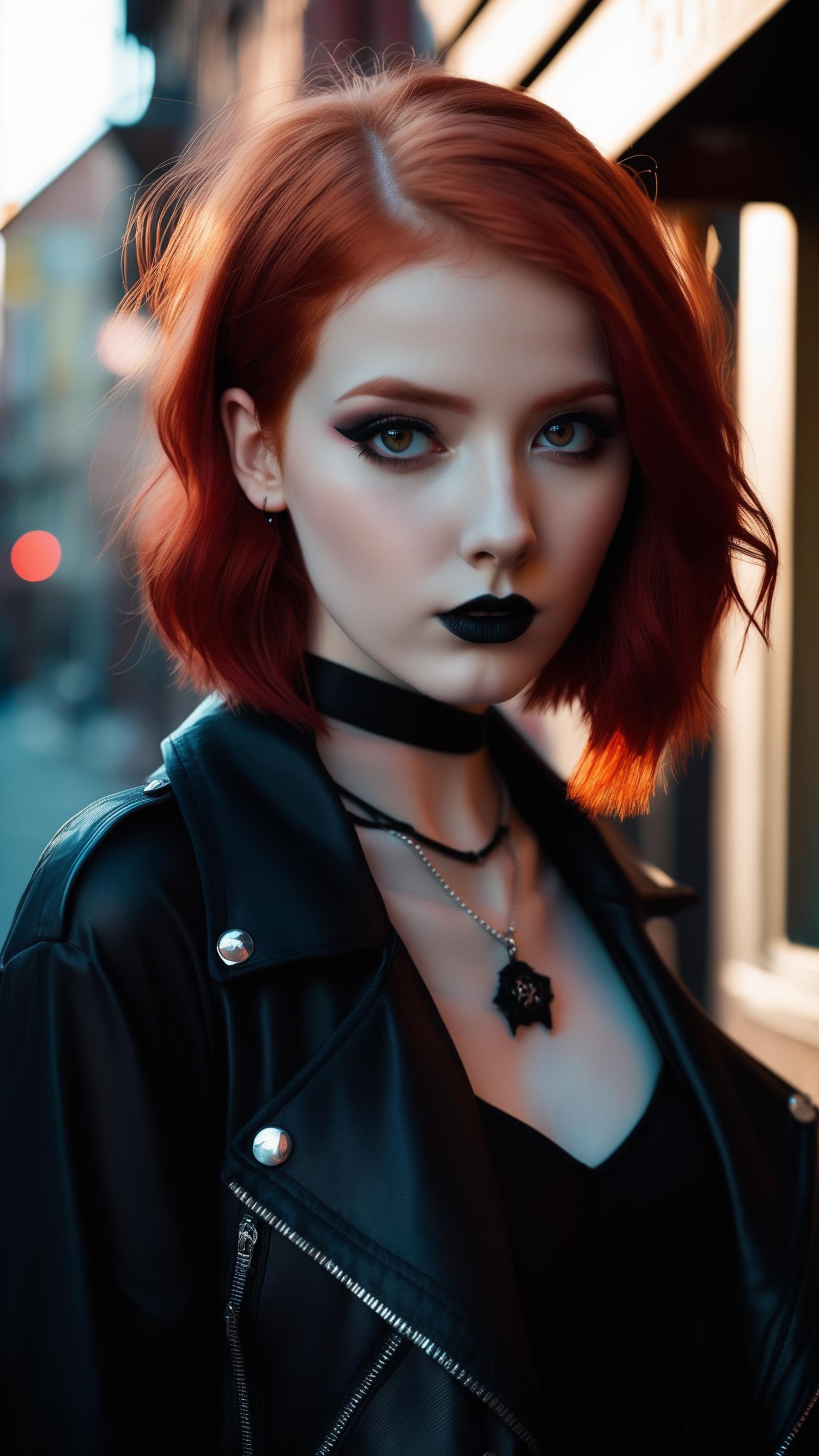 A woman with red hair and black makeup posing for a picture - SeaArt AI