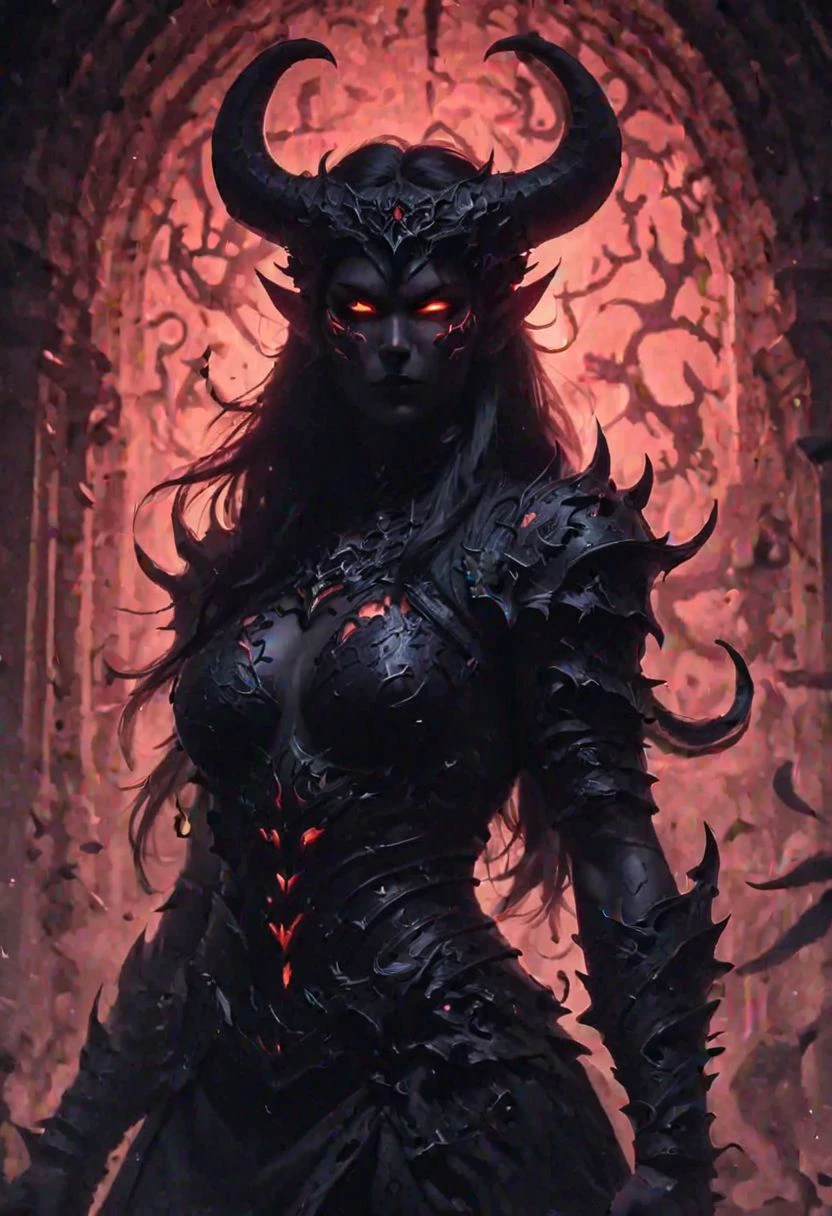 In a fantasy dungeon, eine mysteriöse dunkle weibliche Silhouette, Sukkubus, Dämon, Barbarenrüstung. mystische Kraft. sinnlich und gefährlich. mystische Farbpalette. Albtraum, Teufelsbrut.