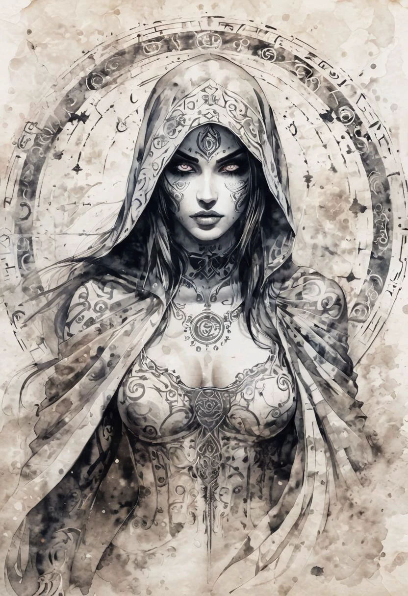 Ink illustration on parchment. A ghostly female . Prophet of Chaos Gods. Undead. barbarian armor Canvas hoods. seductive. eroticism. Runic circle. Elements. Glowing eyes. Bokeh blur.