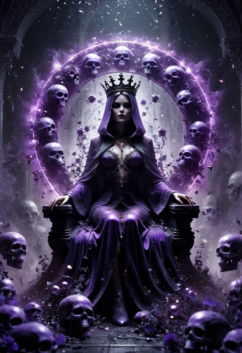 Digital art, concept art. the Queen of the Undead sits upon a Throne of skulls in a gloomy realm. Clad in purple dark armor with silver ornaments and draped in canvas hoods, she exudes both seduction and danger. Faded flowers surround her, contrasting with her chilling presence. A glowing magical circle pulsates at her feet, bending the elements to her will. Her eyes, twin orbs of ethereal radiance, convey a depth of darkness and power that warns of impending doom to all who dare oppose her. Bokeh blur. Colorful. BadDream, DEVIL SPAWN, ais-darkpartz, OverallDetail