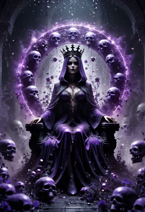 Digital art, concept art. the Queen of the Undead sits upon a Throne of skulls in a gloomy realm. Clad in purple dark armor with...