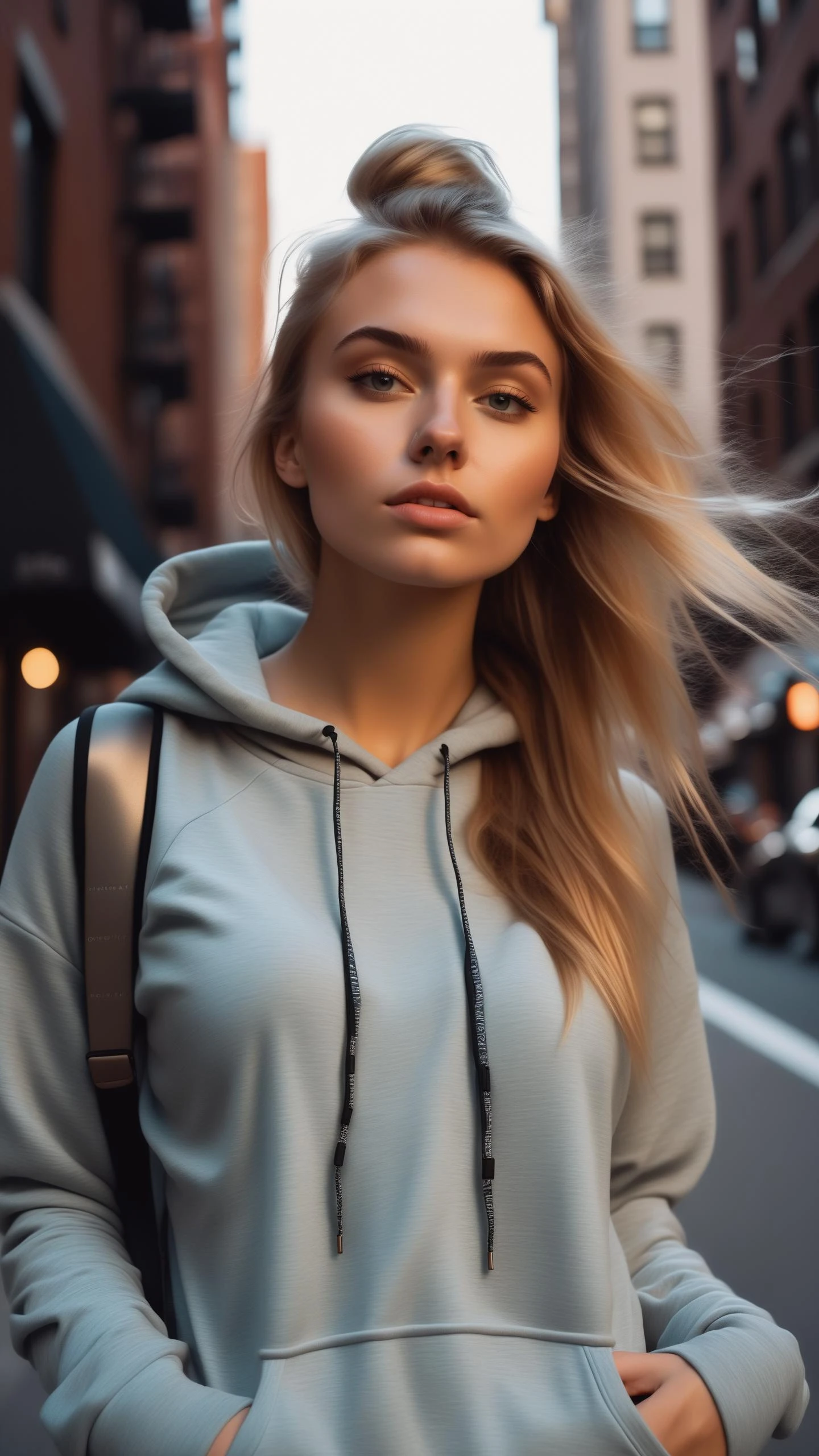 ~*~aesthetic~*~, photo of a pretty cute natural 18 year-old scandinavian woman, wearing a loose hoodie, wearing tight leggings, city street in new york, looking at camera, messy hair, slim, from below, soft light, nebula in the sky, 4k, highly detailed