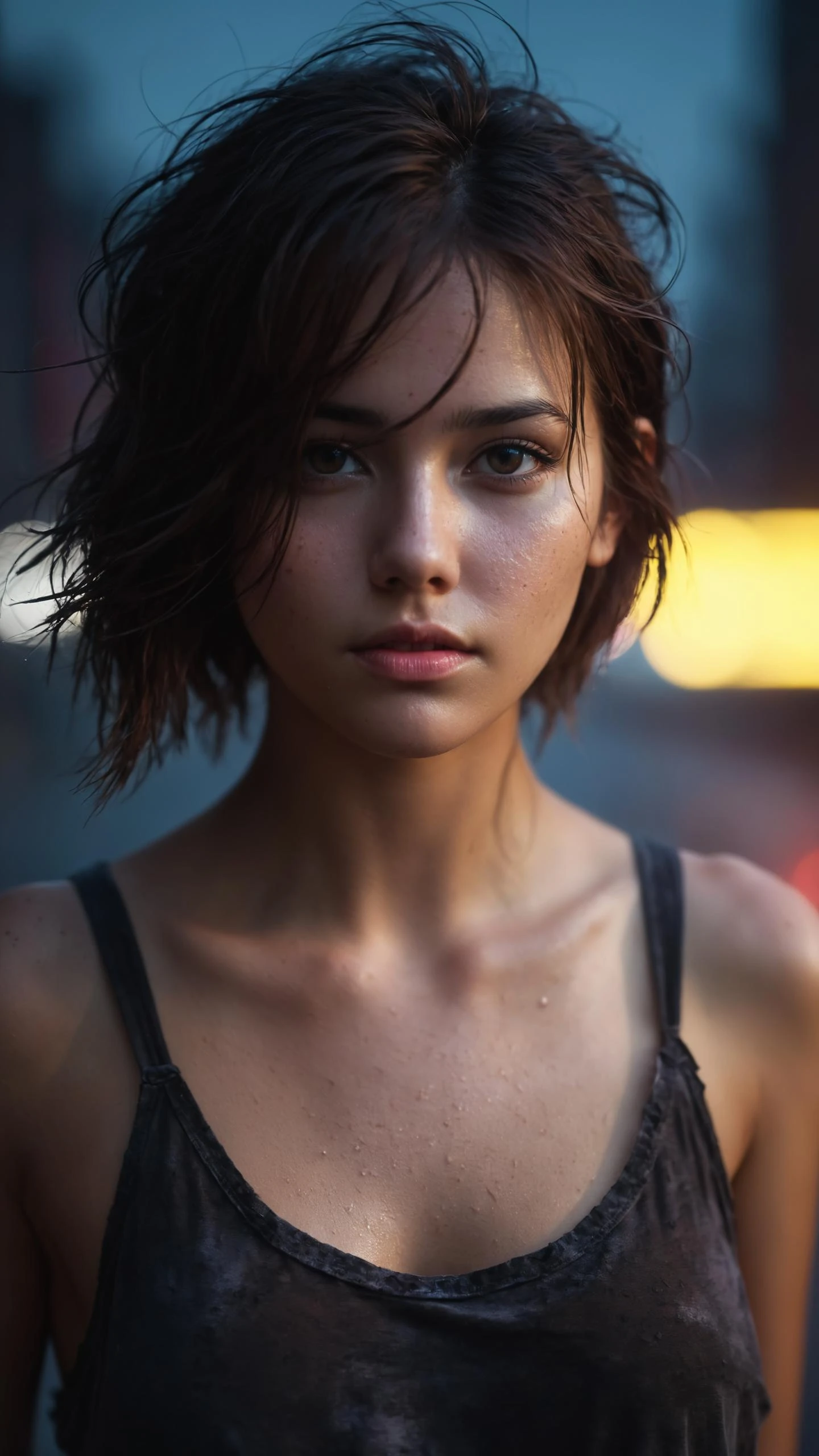 city street, neon, fog, volumetric, closeup portrait photo of young woman in dark clothes, (messy hair:0.3), (naked breast), (shot from distance), (dirty body:1.6), Indifferent, (body sweat), (wet body), tank top, depth of field, (gorgeous:1.2), detailed face, dark theme, Night, soothing tones, muted colors, high contrast, (natural skin texture, hyperrealism, soft light, sharp), (freckles:0.3), (acne:0.3), Cannon EOS 5D Mark III