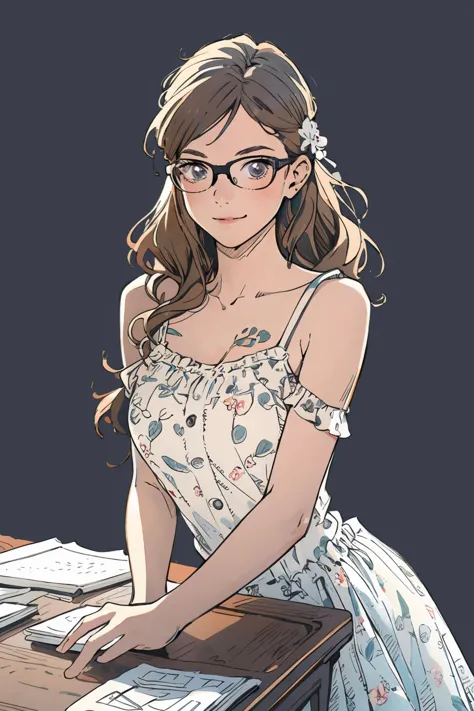 8k high quality detailed,highres,anime,comic,detailed image,
(an illustration of a teenage girl posing,(an illustration of girl,teenage girl)),(magazine_illustration),(, style of Eve Berthelette),
(, ftEver,1girl,glasses,sagging_breasts,breast_tattoo),(Pleased Smile),detailed_face,
((rest her head and arms on the table):0.8),
((, flower_dress,white_floral_printed):0.85),(,realistic clothing texture,realistic_skin_texture),<lora:tbh111-:0.75>,<lora:ftevergreen-nvwls-v1:0.6>,<lora:flower_dress:0.65>,<lora:more_details:0.2>