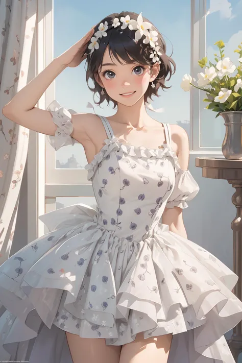 8k high quality detailed,highres,comic,anime,detailed image,
(an illustration of a teenage girl posing,magazine_sheet, (an illustration of girl,teenage girl)),(magazine_illustration),[[multiple view manuscript]],(fashion magazine),
((1girl,asian_female,hazel hair, very short hair, black eyes,skinny|thin,curvy, medium breasts):0.8),(Wicked Smile),
(saluting),detailed_face,realistic_skin_texture,
(, flower_dress,white_floral_printed),realistic clothing texture,<lora:flower_dress:0.65>