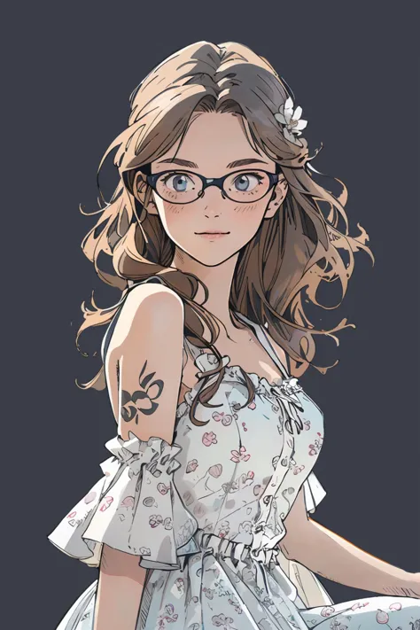 8k high quality detailed,highres,anime,comic,detailed image,
(an illustration of a teenage girl posing,(an illustration of girl,teenage girl)),(magazine_illustration),(, style of Eve Berthelette),
(, ftEver,1girl,glasses,sagging_breasts,breast_tattoo),(Welcoming Smile),detailed_face,
((one_knee):0.8),
((, flower_dress,white_floral_printed):0.85),(,realistic clothing texture,realistic_skin_texture),<lora:tbh111-:0.75>,<lora:ftevergreen-nvwls-v1:0.6>,<lora:flower_dress:0.65>,<lora:more_details:0.2>