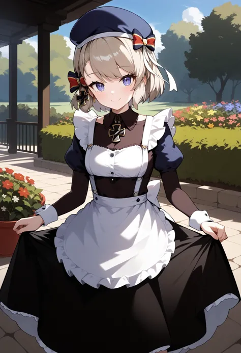 a woman in a maid outfit is sitting on a porch