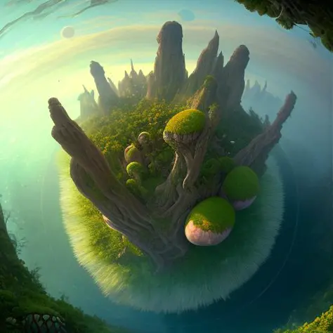 gediminas pranckevicius fish eye view of detailed portrait of floating miniature desert island with oasis planet, intricate comp...