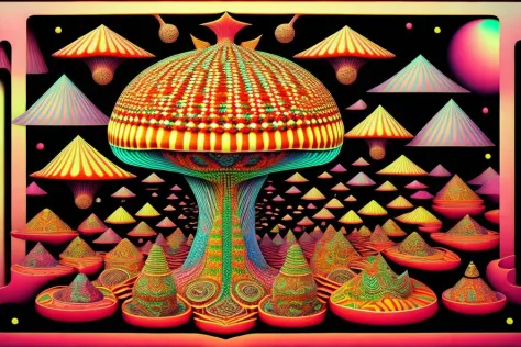 amanita pantherina ritual  conducted by Asiatic shaman pov ,  trippy, hallucination, ego death, (infinite possibilities,:1.1) impossible perspective,(18 point perspective mc escher style, 3d anaglyph sample,:1.1)