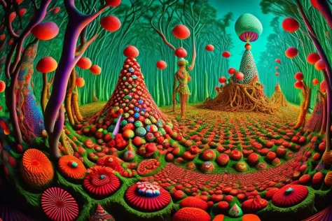 amanita muscaria ritual conducted by Asiatic shaman in forest pov perspective ripped from reality into 5d ,  trippy, hallucination, ego death, (infinite possibilities,:1.1) impossible perspective,(18 point perspective mc escher style, 3d anaglyph sample,:1.1)