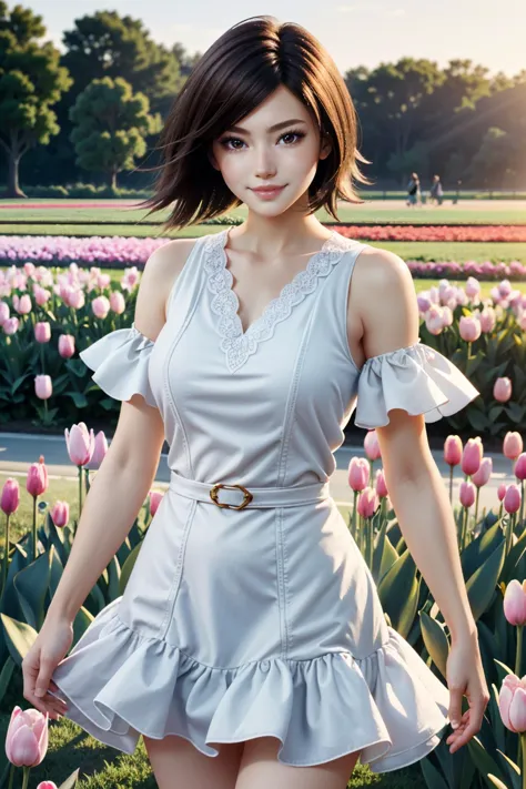 a close up of a woman in a dress standing in a field of flowers