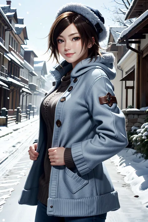 arafed image of a woman in a blue coat and hat standing in the snow