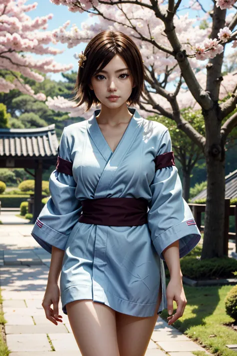 araffe asian woman in a blue kimono walking down a path