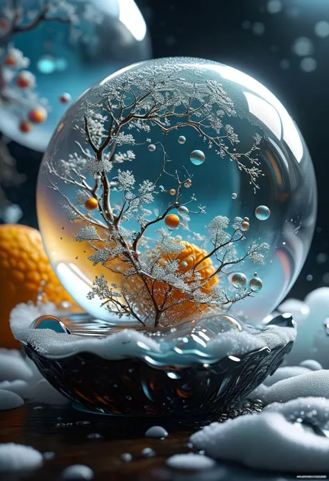 a close up of a snow globe with a tree inside of it