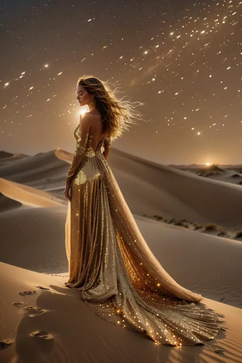 a woman in a gold dress standing on a sand dune