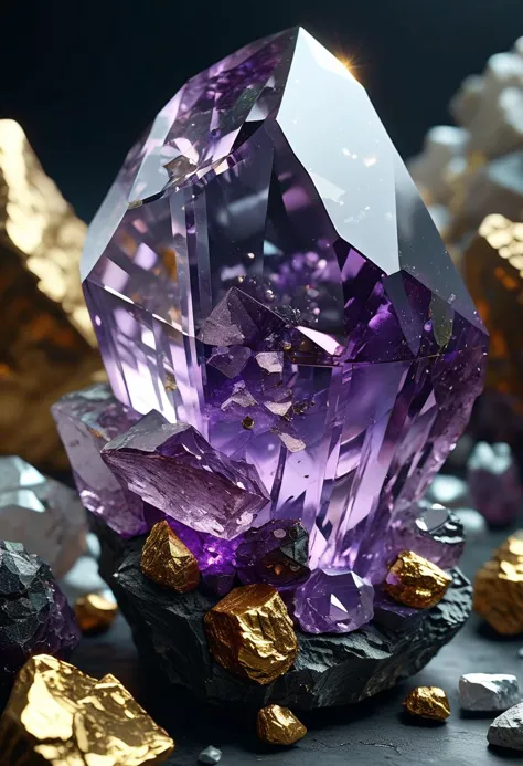 a close up of a purple crystal surrounded by gold and silver rocks