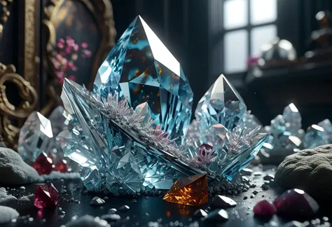 a close up of a blue crystal on a table with rocks