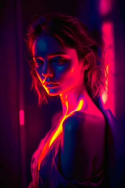 a woman with a neon light on her face and a black background