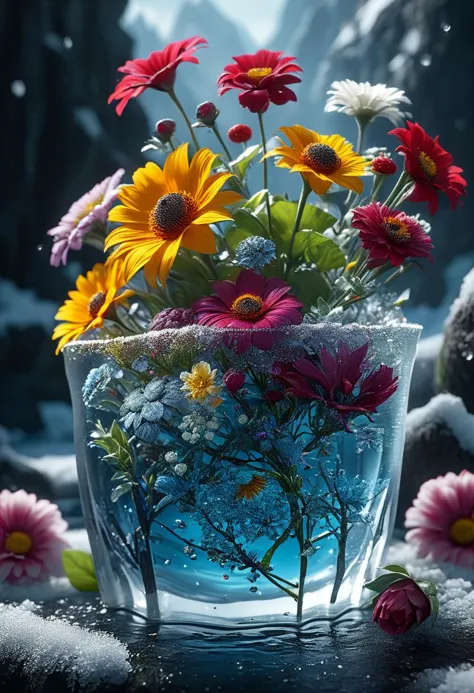 masterpiece, best quality, 8k, professional , by famous artist , trending on artstation, intricated details, detailed,   realsitic, boekh , photorealistic,  dark shadows, natural light, dramatic,  source realistic, Frozen flowers: Fill a container with water and freeze it with flowers inside to create a stunning icy landscape. Use food coloring to add a splash of color.