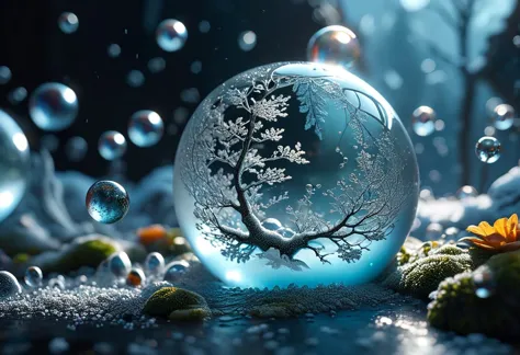 a close up of a glass ball with a tree inside of it