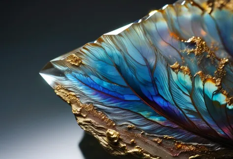 ((extremally close shoot)) (macro shoot),  Harpy's Wing Agate: A gemstone with a shimmering, iridescent appearance, believed to be a feather from a harpy's wing turned to stone. BREAK,  realistic, ((photorealistic)), extremely detailed, glass reflection, dark shadows, hard light hard shadows, shallow depth of field,highly detailed, high budget Hollywood film,  ,  ((darkfull )) , detailed, focus on material