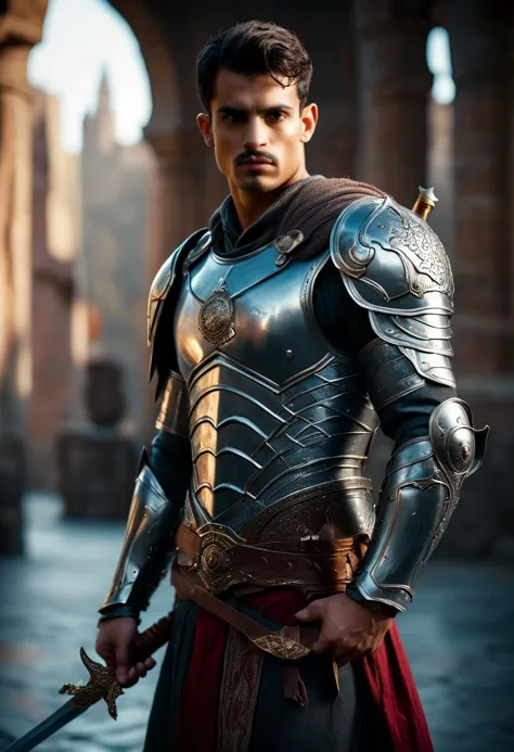 ((raw photo)),((full body shoot:1.3))  (wide angle), ((focus on character)),  photo of beautiful   young man from Middle Easterner    hungry  he  is a warrior  in metal armor , with ((sword )) ,  BREAK, perfect detailed face, intricated skin,   realistic, ((photorealistic)) rim lights, dark shadows, cinematic scene , movie shoot  , dark, zPDXL  , , defined muscles, extremely detailed, glass reflection, dark shadows, detailed hands, (realistic fingers:1.3), hard light hard shadows, ,vellus,subcutaneous veins,, shallow depth of field, vignette, highly detailed, high budget Hollywood film, cinemascope, moody, epic, gorgeous, expolsions in background ,  darkfull , bare feets , detailed  realistic toes