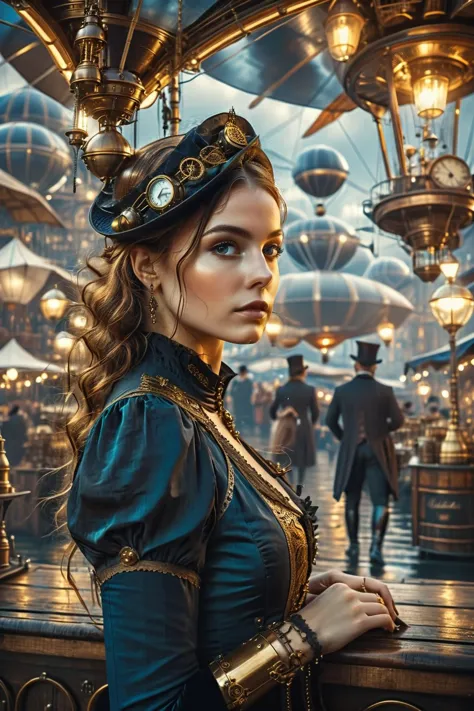 Eleonora in Quantum Noir style,steampunk floating marketplace with dirigibles and market activities, featuring blue and gold, dark, moody superpositions,cinematic,epic realism,8K, highly detailed, <lora:EleonoraV2:.8>