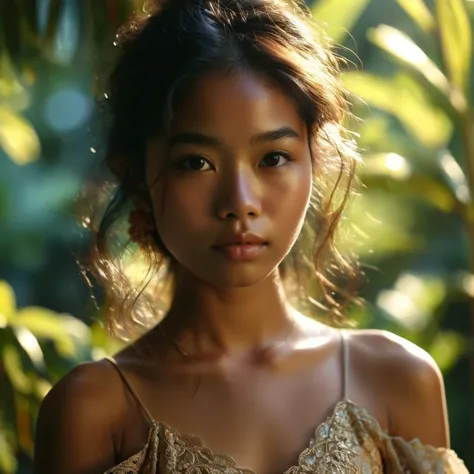 a close up of a woman in a dress standing in front of a tree