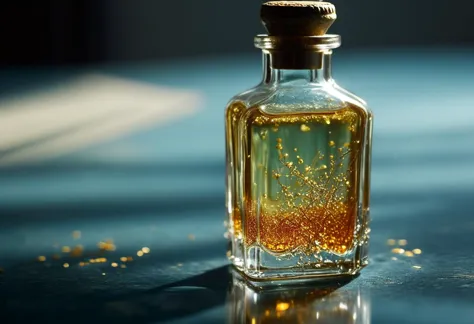 ((extremally close shoot)) (macro shoot),  Elixir of Eternal Youth - A small, ornate vial containing a radiant liquid that glows with an inner light. When consumed, the elixir leaves a trail of golden sparks in the drinker's wake. BREAK,  realistic, ((photorealistic)), extremely detailed, glass reflection, dark shadows, hard light hard shadows, shallow depth of field,highly detailed, high budget Hollywood film,  ,  ((darkfull )) , detailed, focus on material