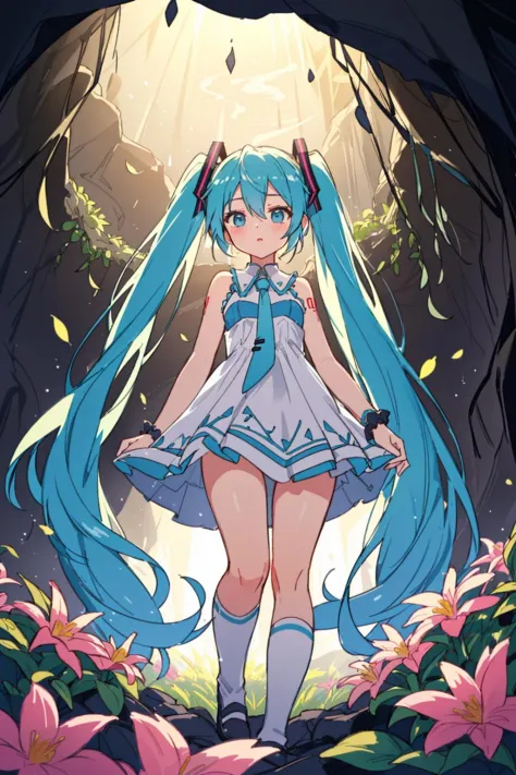 Within a dark cave with an opening at the top, zenithal lighting, bright plants gently illuminating the surroundings with a green hue, thick thighs, wide hips, mature female, (dramatic light:1.3), 
woman, hatsune miku, solo, dress, flower, long hair, white dress, twintails, very long hair, hol