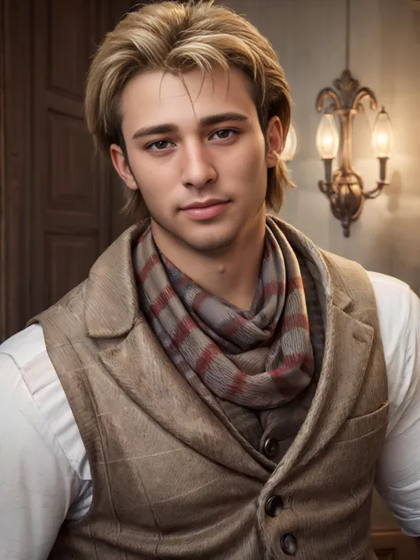 a close up of a man wearing a vest and a scarf