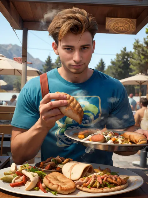 araffe man holding a plate of food while sitting at a table