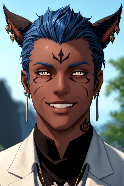 FFXIV Male Miqo'te, 1boy, male focus, blue hair, blurry, blurry background, dark skin, dark-skinned male, earrings, facial mark, glowing, jewelry, lips, looking at viewer, neck tattoo, portrait, short hair, slit pupils, smile, solo, tattoo, white eyes   <lora:Miq_Lora-NAI:0.4>