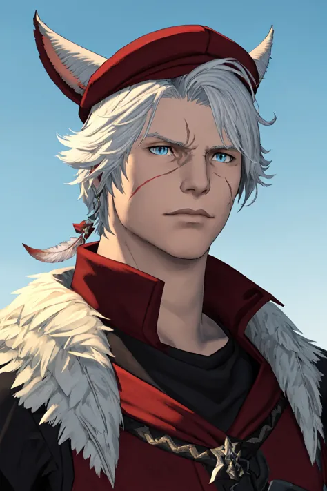 FFXIV Male Miqo&#39;te, 1garçon, foyer masculin, cheveux blancs, yeux bleus, chapeau cavalier, plume de chapeau, portrait,  couvre-chef rouge, cicatrice, seulement, Haut du corps  