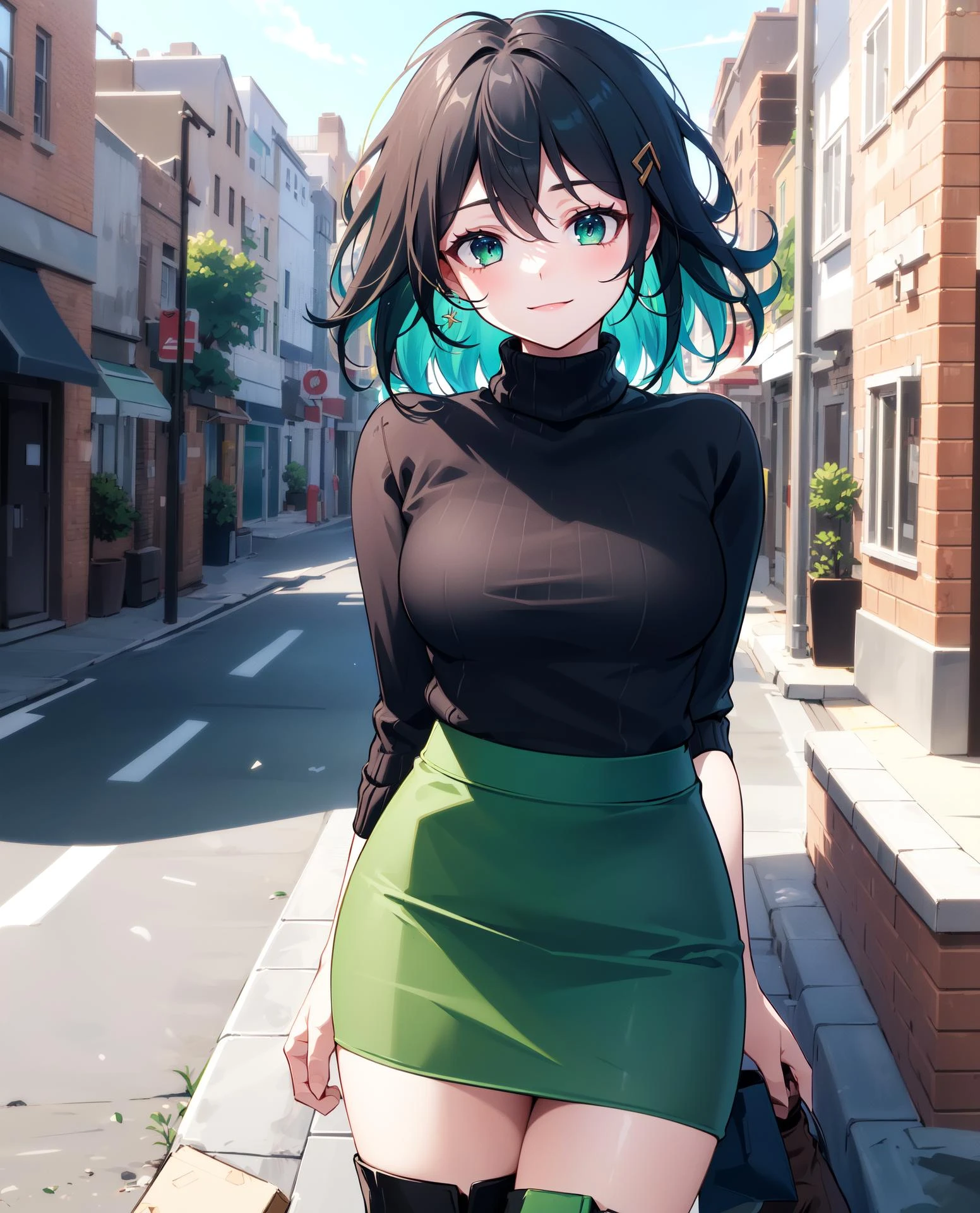 ((masterpiece, best quality, high detailed, detailed eyes:1.2)), 8k uhd, 1girl, slender, solo, wendy gakuen, ((smile, closed mouth:1.2)), (large breasts:1.4), medium hair, ((colored inner hair, black hair, green hair)), ((black sweater, green miniskirt, pencil skirt, ankle boots, bare legs:1.4)), outdoors, ((city alley, steps, standing:1.2)), daylight, ((upper body, looking at viewer:1.4))