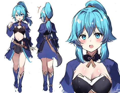 hinghoi, best quality, 1girl, (open mouth), breasts, flat chest, no cleavage, light blue hair, hair over eyes, split ponytail, dark blue eyes, wearing knight's armor with no jewelry or neckwear, white background, simple background, turnaround, multiple_views, concept art, reference sheet