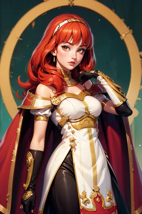 <lora:Char_fe-Celica:0.95> 1girl, long hair, red hair, [yellow eyes|red eyes], solo, tiara, hairband, (gloves), dress, jewelry, cape,