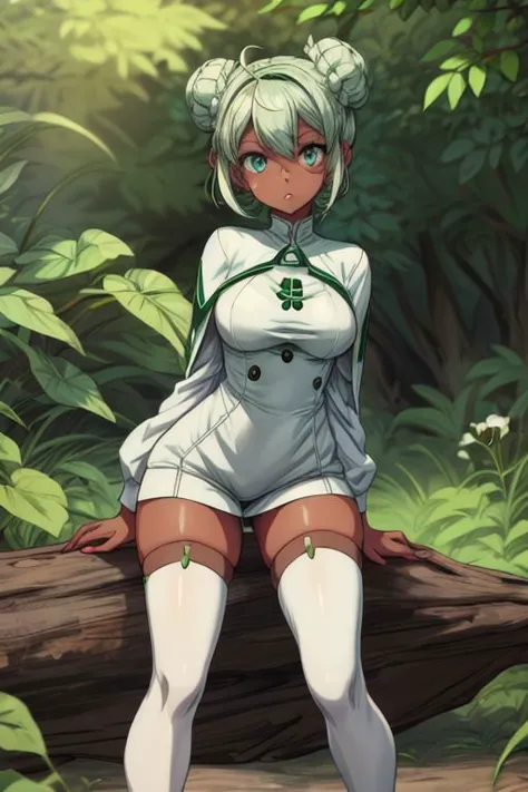 <lora:Gundam_Reconguista_in_G-10:1>outdoor,Masterpeace,high quality,Gundam_Reconguista_in_G, short hair,1girl, solo,blue eyes, long sleeves,boots, green hair, white thighhighs, Very Dark Skin, Tanned, Dark skin, dark-skinned female, zettai ryouiki, double bun, buttons, thigh boots, short dress, white footwear, hair rings, white capelet, short jumpsuit