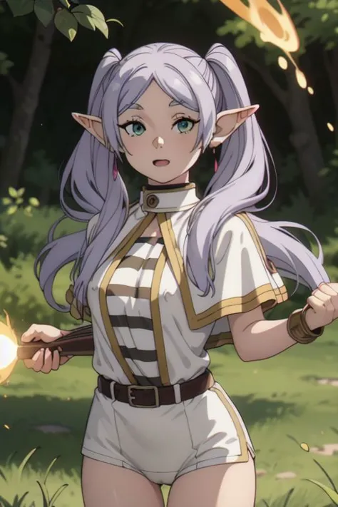 frieren_frieren, 1girl, jewelry, pointy ears, solo, earrings, twintails, elf, long hair, green eyes, looking at viewer, upper body, shirt, expressionless, closed mouth, striped, parted bangs, bangs, capelet, striped shirt, grey hair <lora:frieren-02:0.8>
BREAK 1girl, smile, sparkling eyes, shiny eyes, embarrassed, open mouth, dynamic pose, action pose, wet clothes, tight clothes, (small breasts, perky breasts, unaligned breasts, bouncing breasts, motion lines, motion blur), magic, lightnings, yellow lightnings, fire, aura, staff, holding staff,
BREAK outdoor, forest, nature, trees, village, 
BREAK looking at viewer, (cowboy shot),
BREAK ((covered nipples, camel toe, hard nipples)), front view, parted lips
BREAK (masterpiece, best quality, ultra detailed), (perfect face, detailed face, detailed eyes,perfect hands,perfect fingers), 8k wallpaper, Beautiful Finger, Beautiful body, Beautiful character design, perfect face, perfect balance, official art, extremely detailed CG unity 8k wallpaper, ultra high res,4K,ultra-detailed, photography, 8K, HDR, highres, absurdres:1.2, Kodak portra 400, bokeh, lens flare, professional photograph, (vibrant_color:1.2),(beautiful_face:1.2), notably long eyelashes